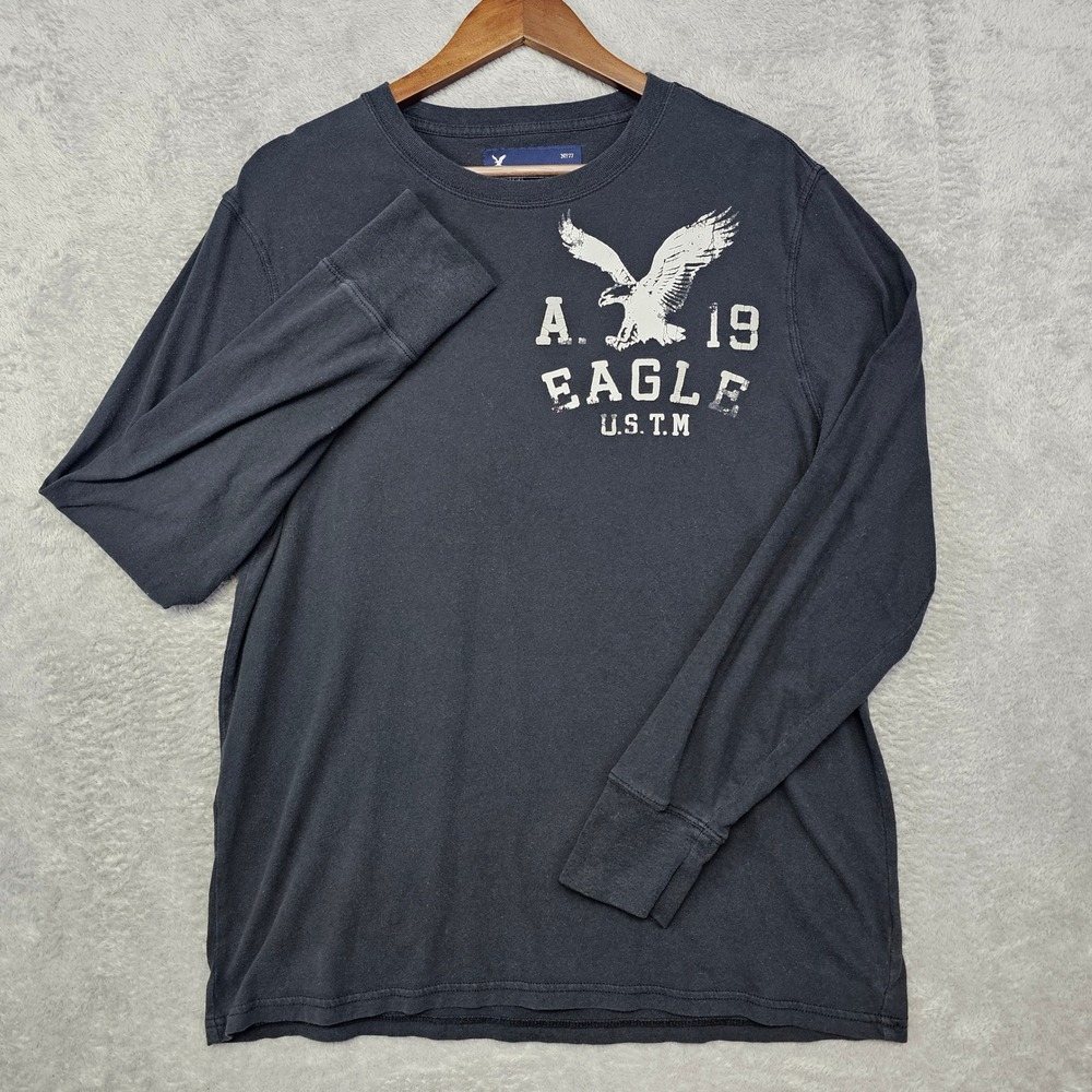 American Eagle Mens Large Long Sleeve Graphic Eagle T-Shirt Faded Black Cotton
